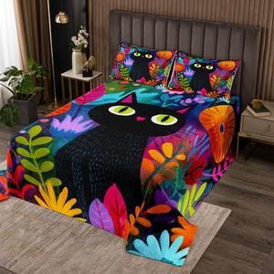 Erosebridal Комплект постельного белья Floral Boho Black Cat с цветочным этническим принтом и мультяшными котятами из мягкого стёганого материала, Multi 25