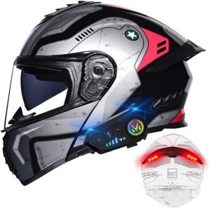 Шлем модульный BYGMWEP Bluetooth с задними фонарями, серый / черный / красный