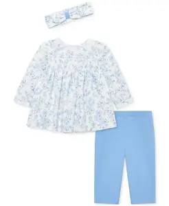 Хлопковая повязка на голову для девочки, туника с цветочным принтом и леггинсы, комплект из 3 предметов Little Me, синий