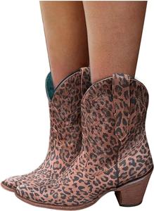 Женские винтажные вышитые ковбойские ботинки Bcshiye, ретро короткие западные ботинки на щиколотку, с заостренным носком и массивным средним каблуком, Leopard