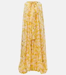 Шелковое платье с накидкой и сборками Carolina Herrera, White Multi