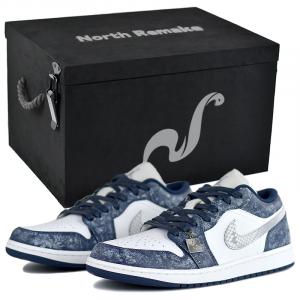 Jordan Эйр 1 NR Gift Low Top Винтажные баскетбольные кроссовки мужские сине-белые - Ледяной Цветочный Синий Дождь-Подарочная Коробка Премиум 4