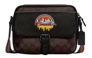 COACH Сумка через плечо из холста с кожаными вставками среднего размера мужская тёмно-коричневая и чёрная