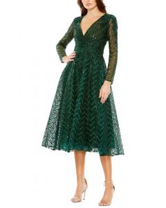 Mac Duggal Длинное платье миди для вечеринки с длинными рукавами, зеленый