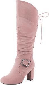 Женские сандалии Zamikoo, свободные ботильоны до колена с круглым носком, массивным каблуком, боковой молнией и металлической пряжкой, высокие повседневные сапоги на каблуке 3,5 дюйма, Suede Pink
