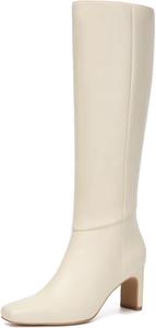 Женские высокие сапоги Athlefit до колена с квадратным носком, массивным каблуком и боковой молнией, Beige