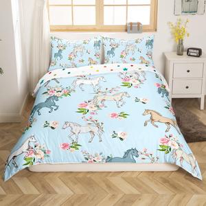 Erosebridal Комплект постельного белья Horse Duvet Cover с мультяшными лошадками в стиле кантри, цветочный принт, хлопковый материал, Multi 01