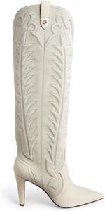 Женские замшевые высокие ботфорты с вышивкой, на толстом высоком каблуке, вестерн-стиль, длинные ботильоны с острым носком, без застежки, для езды, женские модные длинные сапоги Kapxumo, White