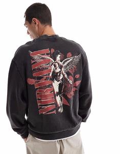 Свободная толстовка унисекс с принтом Nirvana в стираном черном цвете Asos Design