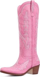 Женские ковбойские сапоги Ouepiano, высокие до колена, с классической вышивкой, на толстом каблуке, с заостренным носком, стильные ретро-сапоги на каждый день, Pink