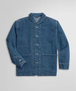 Хлопковый джинсовый комбинезон с воротником-шалью