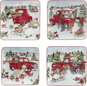 Certified International Red Truck Snowman салатная/десертная тарелка 21,5 см, набор 4 шт, Medium, мультиколор