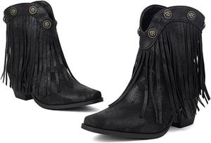 Женские ковбойские ботинки для рейва с бахромой и заклепками - ретро широкие средние сапоги с кисточками, платформой и низким каблуком, милые туфли на каждый день с поддержкой свода стопы для комфорта при длительном стоянии Zenrave, Black