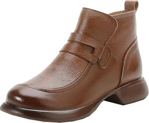 Женские теплые кожаные ботинки с меховой подкладкой, оксфорды на щиколотку, с круглым носком, массивным каблуком, противоскользящие, зимние, повседневные с боковой молнией и мягкой подошвой MVIOBUY, Brown