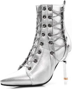 Женские модные ботильоны LYYSKY с высоким каблуком-стилетом, боковой молнией, комфортные, изящные, с остроконечным носком и металлической цепочкой, короткие ботинки, Silver