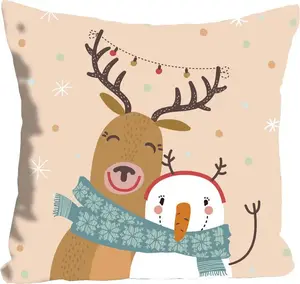 Декоративная подушка Queence "Ноэль", с оленем и снеговиком, чехол без наполнения, 1 шт 40х40 см, цвет bunt + bedruckt