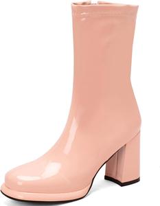 Сапоги средней длины с круглым носком на каблуке-блоке, платформой и эластичной вставкой Makmeoyw, 343 Pink