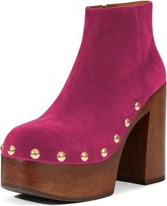 Женские ботильоны XYD на платформе с толстым каблуком, украшенные золотыми заклепками, с круглым носком и боковой молнией, для вечеринок, Magenta