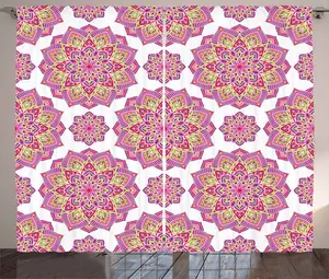 Штора ABAKUHAUS Purple Mandala Rustic, цвет Lotus Essence, присборенная тесьма для спальни с петлями и крючками, 280 x 225 см, цвет лаймово-зеленый, фуксия, белый, розовый Abakuhaus