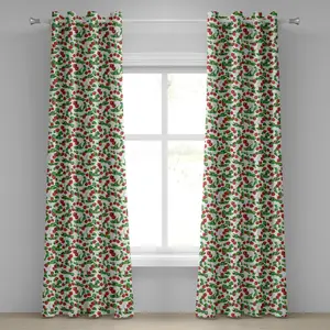 Штора на люверсах ABAKUHAUS с изображением фруктов, летних качелей, веток клубники, листьев сада, природы, счастливого сезона, декоративная, двухпанельная, 280 см x 245 см, цвет папоротника, зеленый, белый, красный Abakuhaus