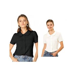 2 упаковки женских винтажных мягких рубашек на пуговицах с милым кукольным воротником ALLEGRA K, цвет White Black