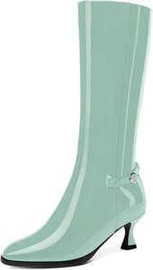 Женские ботильоны NUMALEO с пряжкой, молнией, ремешком на щиколотке, лакированные, модные, с округлым носком, на низком каблуке 2 дюйма, для вечеринок, высокие до колена, Turquoise