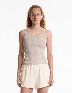 Топ без рукавов Oysho в рубчик с хлопком и модалом песочного меланжа