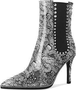 Женские ботильоны SAMMITOP с заостренным носком, на шпильке, челси, модные серебристые с заклепками, короткие туфли с задней молнией, каблук 10 см