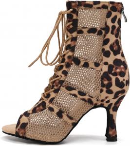Туфли для танцев на каблуке AOQUNFS для женщин, сетчатые бальные ботильоны, шнуровка, танцевальные ботинки на щиколотке с молнией, Leopard-8.5Cm Heel