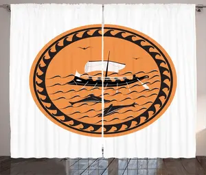 Штора ABAKUHAUS Odyssey Rustic, Греческий корабль на волнах, универсальная ленточная штора для гостиной с петлями и крючками, 280 x 225 см, цвет: оранжевый, цвет кока-кола Abakuhaus