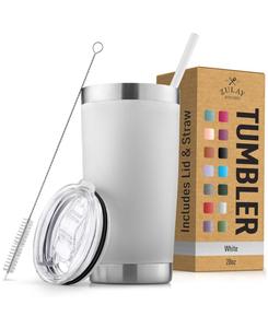 Стакан из нержавеющей стали объемом 20 унций (около 590 мл) с крышкой и трубочкой - дорожная кружка для кофе, предотвращающая образование конденсата Zulay Kitchen, белый