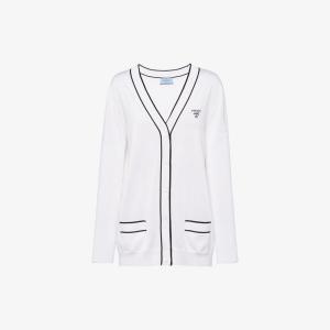 Кардиган с интарсией и логотипом, с плечом реглан, из смесового шелка Prada, белый