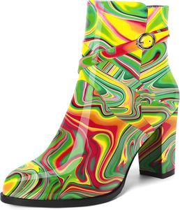 Женские модные ботильоны SKYSTERRY с закругленным носком, на высокой квадратной подошве и 8,4 см каблуке, лаковые, на каждый день, Green Red Fluid