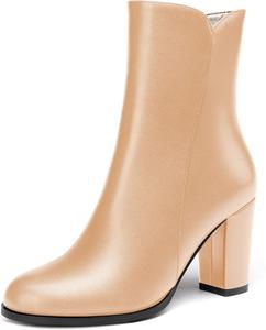 Женские короткие ботильоны WAYDERNS с квадратным носком, кожаные, на молнии, матовый блок, высокий каблук 3,5 дюйма, Beige