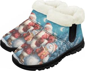 Большие и маленькие детские зимние сапоги с меховой подкладкой для девочек, пушистые сапоги, нескользящие уютные зимние ботинки для улицы Pointodoor, Santa Claus Snowman Retro
