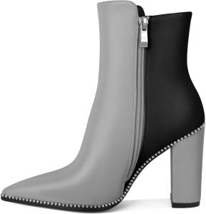 Younton Женские короткие ботильоны с заостренным носком, декорированные бусинами, массивным каблуком 3,7 дюйма и боковой молнией