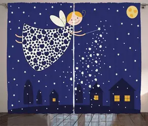 Ночная штора ABAKUHAUS в деревенском стиле, с изображением девочки/ребенка, феи, для спальни, присборенная тесьма с петлями и крючками, 280 x 245 см, сине-белые бархатцы Abakuhaus