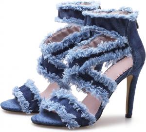 Женские джинсовые босоножки SHEMEE с сетчатой вставкой, открытым носком, высокими каблуками, кружевами, летние ботильоны с открытым носком и задней молнией, Blue Tassels