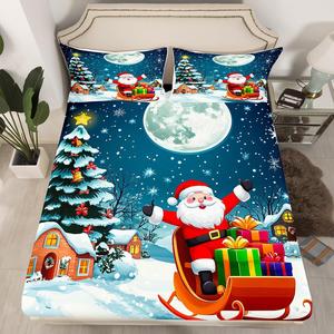 Erosebridal Комплект постельного белья с новогодним принтом Санта Клаус и ёлкой, Pastel Blue
