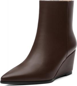 Женские ботильоны на танкетке SHOWFOREST с заостренным носком, высокими каблуками, короткие ботинки с боковой молнией, удобные повседневные осенне-зимние ботинки 2,5 дюйма, Dark Brown