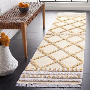 Ковер-дорожка SAFAVIEH, 61 x 275 см, Augustine Collection, Gold & Ivory, марокканский бохо племенной деревенский дизайн с бахромой, хлопок, легкий уход, идеально для помещений с высокой проходимостью в гостиной, спальне (AGT714D)