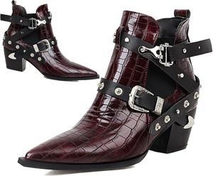 Женские ковбойские ботильоны AngryMonkey с заостренным носком, на толстом каблуке, из кожи, в западном стиле, с заклепками и пряжкой, большого размера до 15, Claret