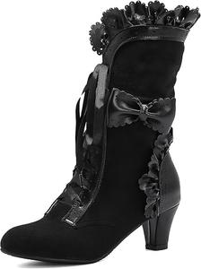 Викторианские женские ботинки с винтажными бантиками и оборками, готические панк-ботинки, костюмные ботинки с шнуровкой, ретро-ботинки 70-х, повседневные ботильоны на среднем каблуке, осенне-зимние, хэллоуинские, для косплея, обувь ведьмы Generic, Black B