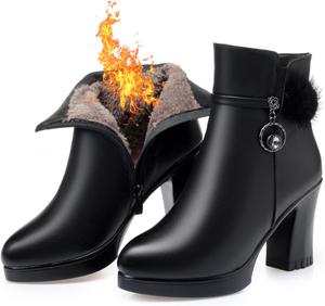 Женские кожаные ботильоны на платформе с массивным каблуком, декором в виде пряжки с кристаллами, модным заостренным носком, боковой молнией и высокими широкими каблуками ZLNMLD, Black Plush