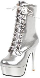 Женская мода: короткие ботильоны на супер высоком каблуке 14 см с округлым носком, шнуровкой, лаконичной боковой молнией и платформой, сексуальные клубные ботинки MZ66-3, размеры US4-US14 LYYSKY, Silver(Mz66-3)
