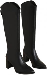 Женские высокие сапоги до колена на высоком каблуке, ковбойские сапоги с острым носком, боковой молнией, для езды на мотоцикле, с пряжкой, для вечеринок Azttoztto, Black Plush