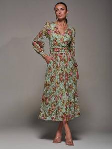 Длинное платье макси с кружевными рукавами Jolie Moi, Green Floral