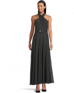 Платье Lauren Ralph Lauren Polka Dot Belted Georgette Halter Gown, цвет Black/Cream