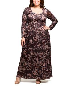Длинное платье-макси большого размера с цветочным принтом и длинными рукавами, нежно-розового цвета 24seven Comfort Apparel, Brown Multi