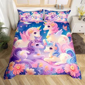 Erosebridal Детский комплект постельного белья с единорогами, цветами и бабочками в стиле кавай, Pink Blue Purple
